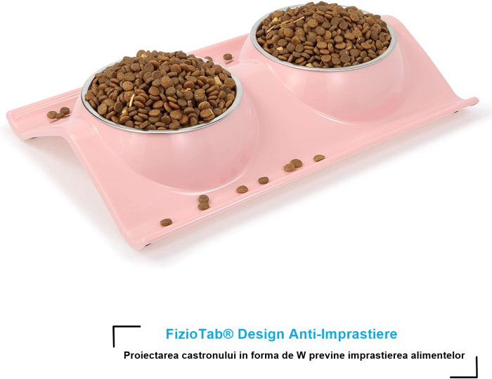 Castron Hranire cu 2 Boluri Inox, FizioTab® – Pentru Caini de Talie Mica si Pisicute, Roz [4]