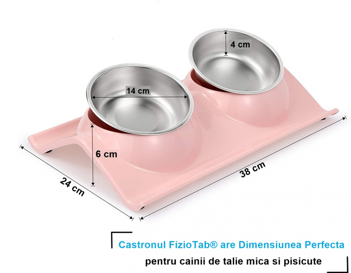 Castron Hranire cu 2 Boluri Inox, FizioTab® – Pentru Caini de Talie Mica si Pisicute, Roz [5]