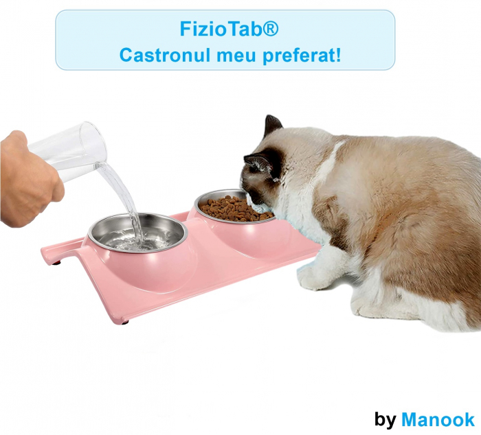 Castron Hranire cu 2 Boluri Inox, FizioTab® – Pentru Caini de Talie Mica si Pisicute, Roz [3]