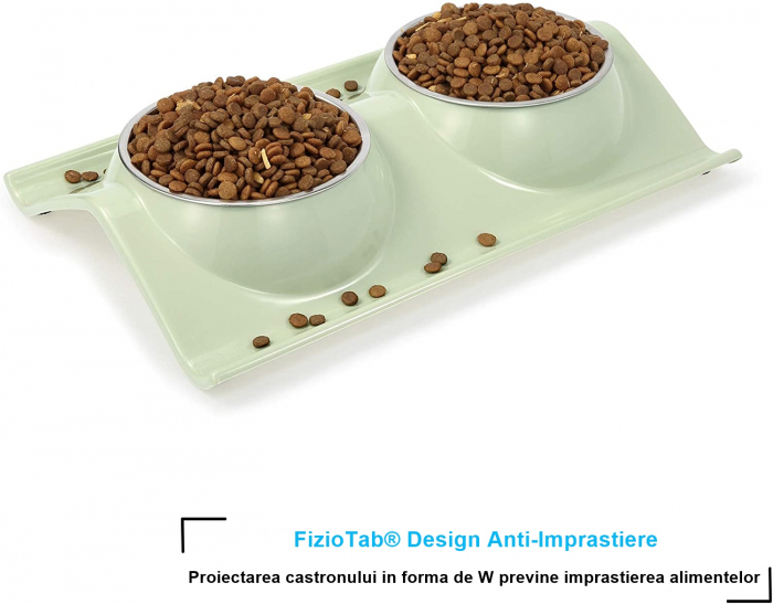 Castron Hranire cu 2 Boluri Inox, FizioTab® – Pentru Caini de Talie Mica si Pisicute, Verde [4]