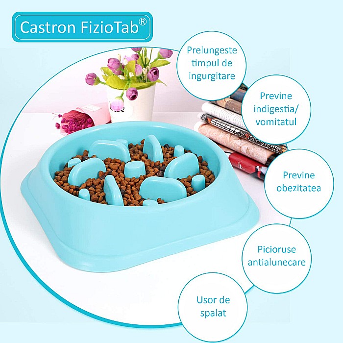 Castron Hranire Lenta pentru Caini, Pentru Prevenirea Indigestiei, Slow Feed Bol Interactiv FizioTab®, Albastru [8]