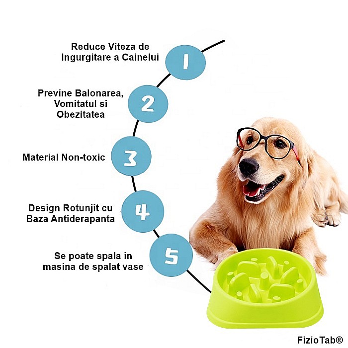 Castron Hranire Lenta pentru Caini, Pentru Prevenirea Indigestiei, Slow Feed Bol Interactiv FizioTab®, Verde [7]