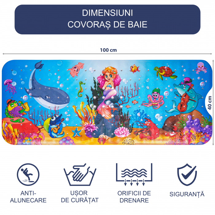 Covoras pentru cada, anti-alunecare, FizioTab®, 100×40 cm, Petrecere sub Apa, Mica Sirena si Prietenii [4]
