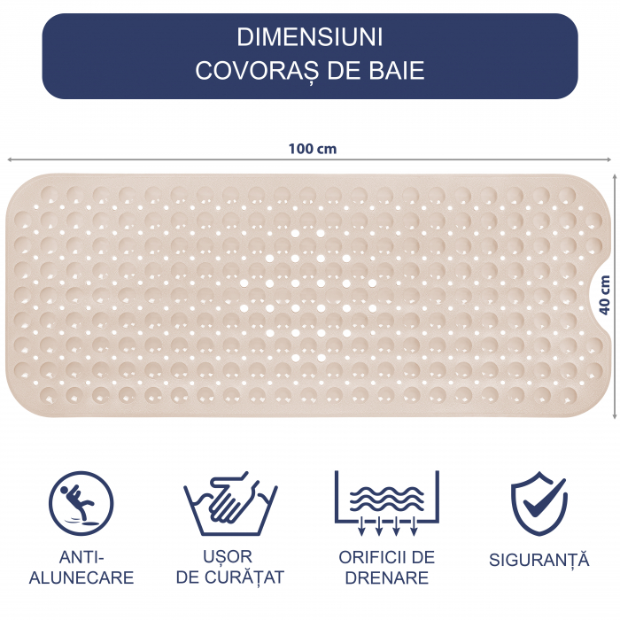 Covoras pentru cada, anti-alunecare, FizioTab®, 100x40 cm, Bej lucios [3]