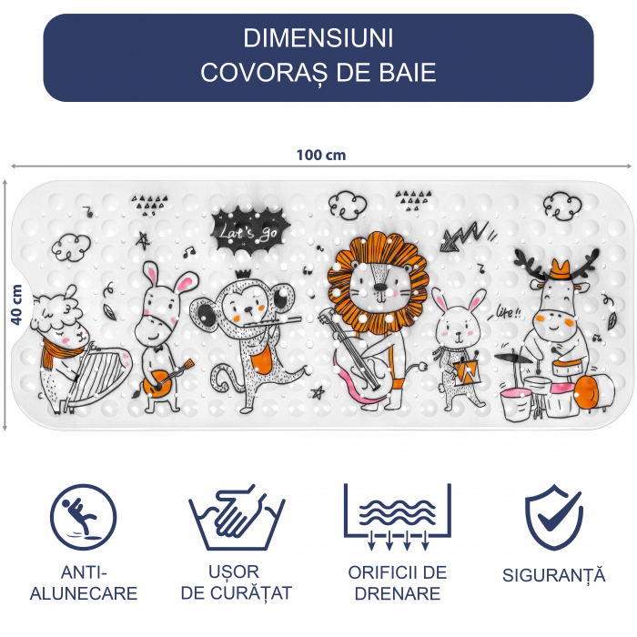 Covoras pentru cada, anti-alunecare, FizioTab®, 100x40 cm, Orchestra vesela cu animale [2]