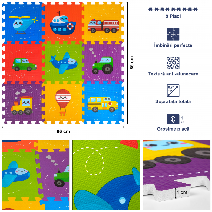 Covoras Puzzle FizioTab® din spuma EVA, 9 piese, Elicopter, Vaporas, Masinuta, 86x86 cm [3]