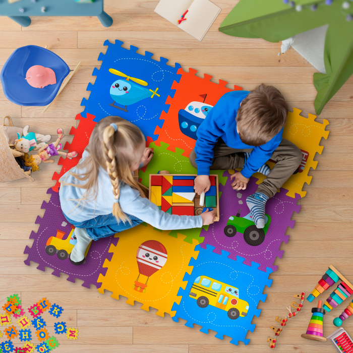 Covoras Puzzle FizioTab® din spuma EVA, 9 piese, Elicopter, Vaporas, Masinuta, 86x86 cm [2]