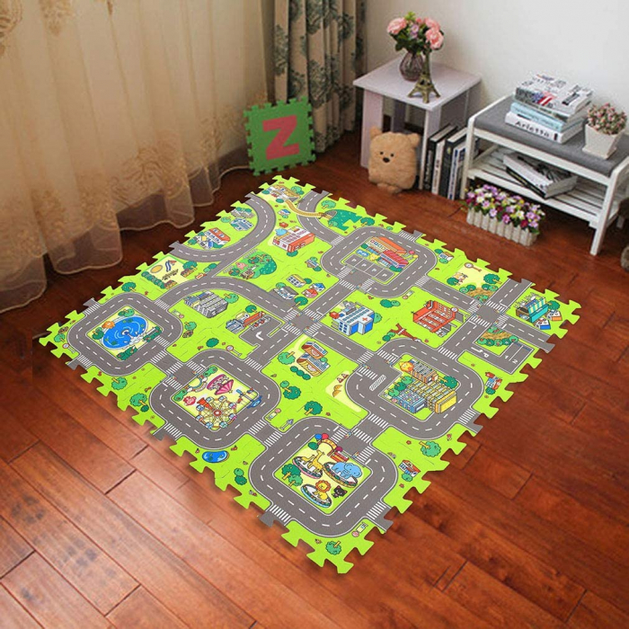 Covoras Puzzle FizioTab® din Spuma EVA, 9 Piese, Imprimeu Stradal si Animale, 90x90 cm [6]