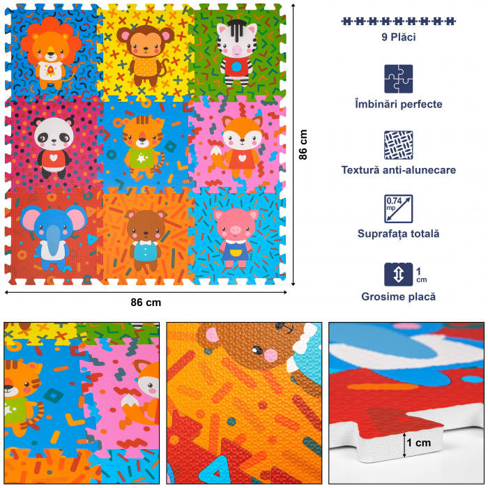 Covoras Puzzle FizioTab® din spuma EVA, 9 piese, Model Animale, 86x86 cm [3]