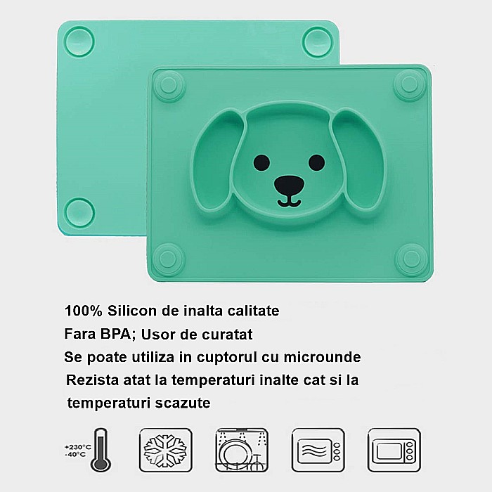 Farfurie compartimentata din silicon FizioTab®, bol de invatare pentru copii cu ventuze, forma catelus, 25.5 cm X 19.5 cm, Verde [6]