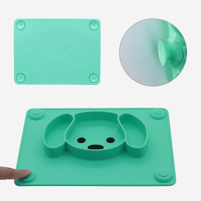 Farfurie compartimentata din silicon FizioTab®, bol de invatare pentru copii cu ventuze, forma catelus, 25.5 cm X 19.5 cm, Verde [2]