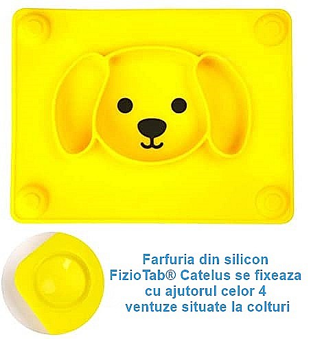 Farfurie compartimentata din silicon FizioTab®, castron de invatare pentru copii cu ventuze, forma catelus, 25.5 cm X 19.5 cm, Galben [4]