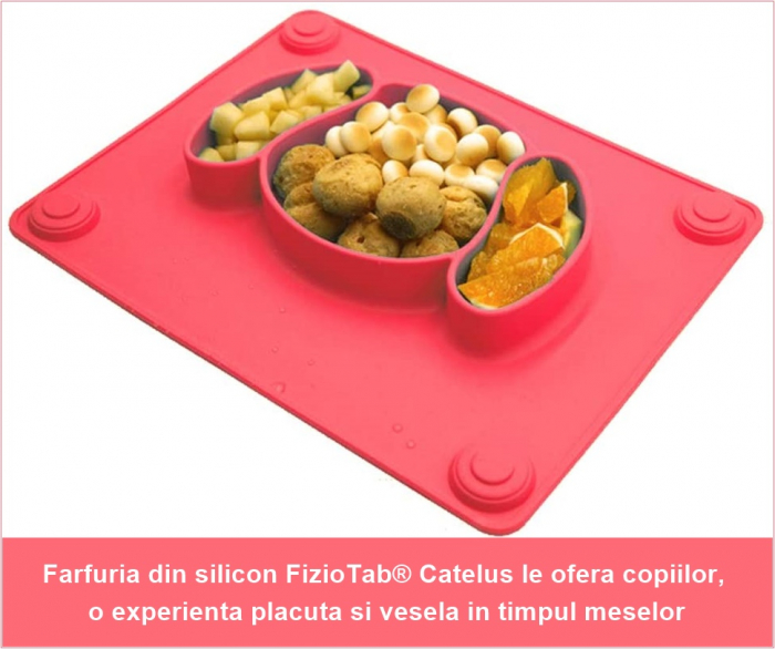 Farfurie de Invatare din Silicon pentru Copii, FizioTab®, Antialunecare, 3 Compartimente, Catelus, Roz [5]