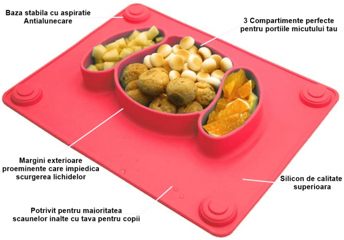 Farfurie de Invatare din Silicon pentru Copii, FizioTab®, Antialunecare, 3 Compartimente, Catelus, Roz [2]