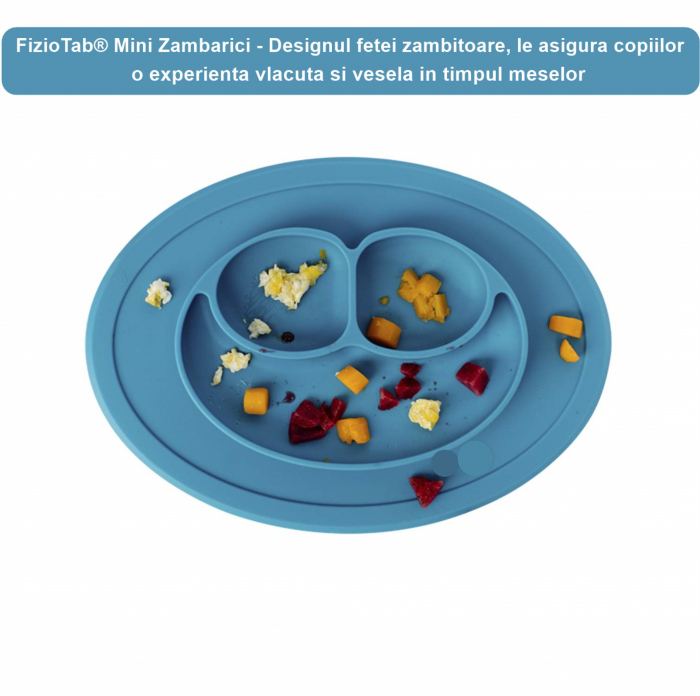 Farfurie Invatare din Silicon pentru Copii, FizioTab®, 3 Compartimente, Mini Zambarici, Albastru [4]