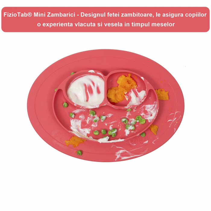 Farfurie Invatare din Silicon pentru Copii, FizioTab®, 3 Compartimente, Mini Zambarici, Rosu [3]