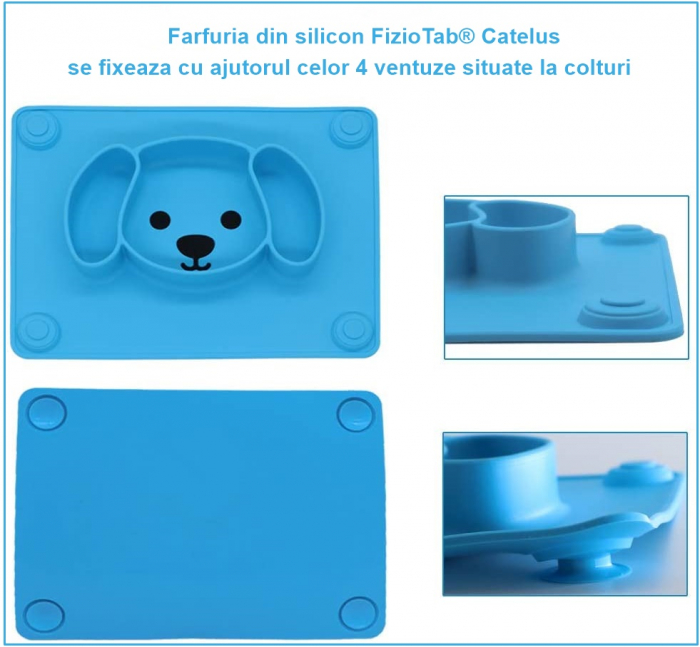 Farfurie Invatare din Silicon pentru Copii, FizioTab®, Antialunecare, 3 Compartimente, Catelus, Albastru [3]