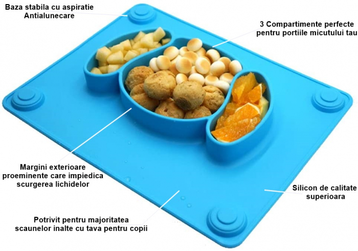 Farfurie Invatare din Silicon pentru Copii, FizioTab®, Antialunecare, 3 Compartimente, Catelus, Albastru [2]