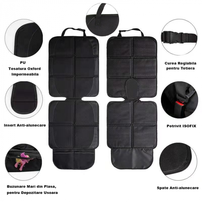 Husa Protectie Bancheta Auto FizioTab®, 2 Buzunare de Depozitare, Impermeabila, 120 X 48 cm, Negru [2]