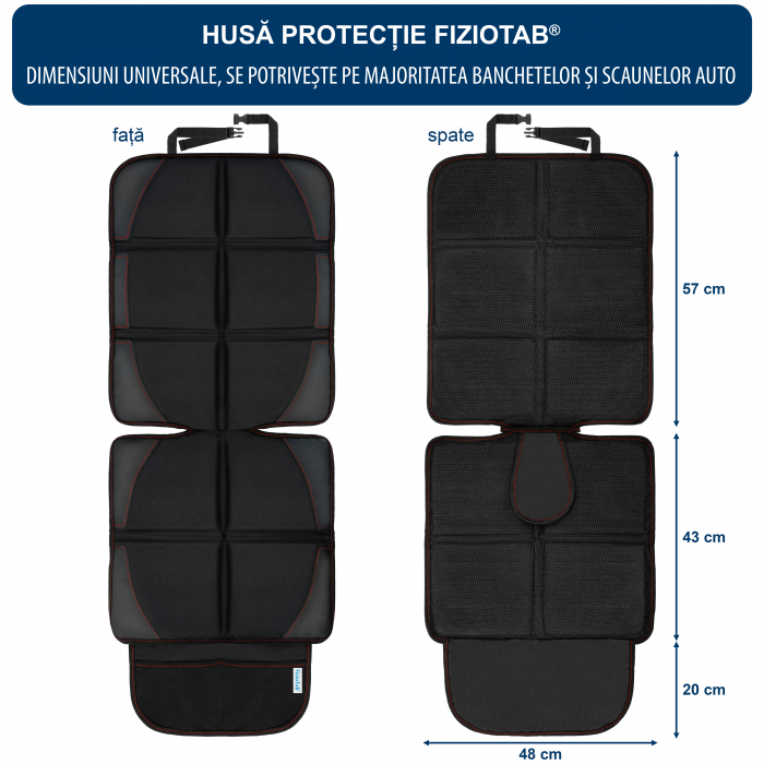 Husa Protectie Bancheta Auto FizioTab®, 2 Buzunare de Depozitare, Impermeabila, 120 X 48 cm, Negru cu Fire Rosii [3]