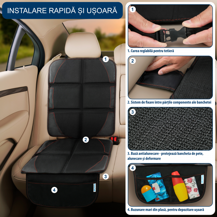 Husa Protectie Bancheta Auto FizioTab®, 2 Buzunare de Depozitare, Impermeabila, 120 X 48 cm, Negru cu Fire Rosii [2]