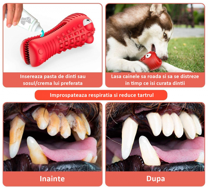 Jucarie de Ros pentru Caini, FizioTab®, Crocodil, Dog Dental Chew Toy, Rosu, Cadou Periuta de Curatat [3]