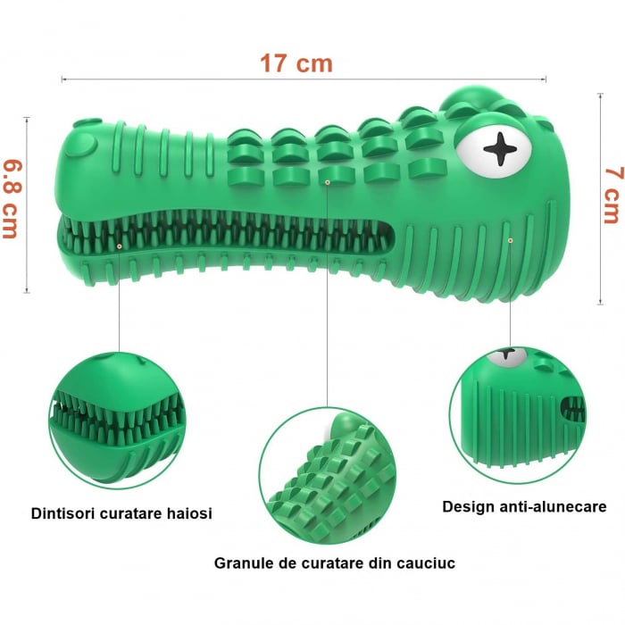Jucarie de Ros pentru Caini, FizioTab®, Crocodil, Dog Dental Chew Toy, Verde, Cadou Periuta de Curatat [10]