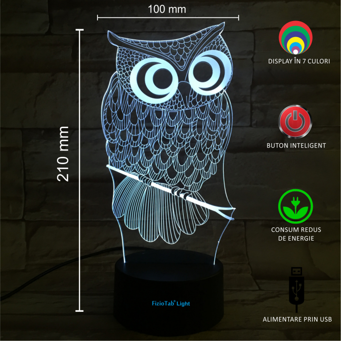 Lampa De Veghe 3D LED FizioTab® 7 Culori, Lumina Ambientala, Alimentare USB, Bufnita [3]