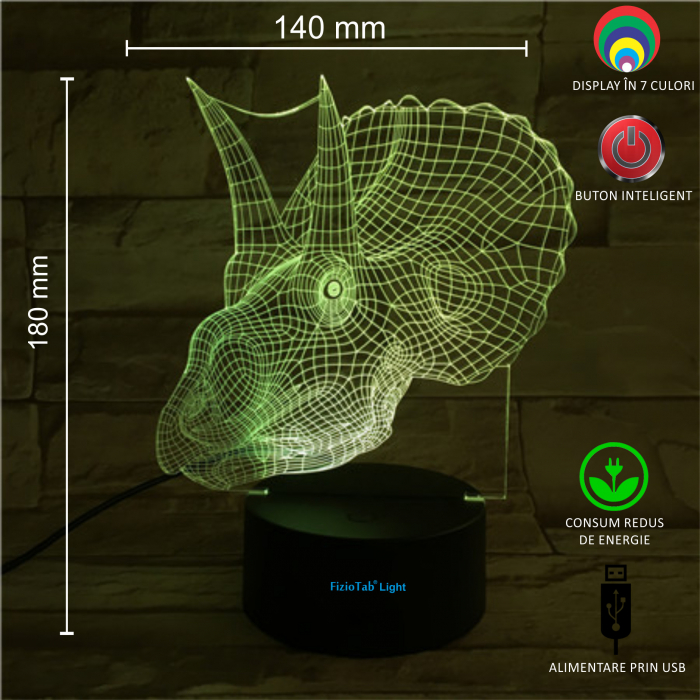Lampa De Veghe 3D LED FizioTab® 7 Culori, Lumina Ambientala, Alimentare USB, Centrosaurus [3]
