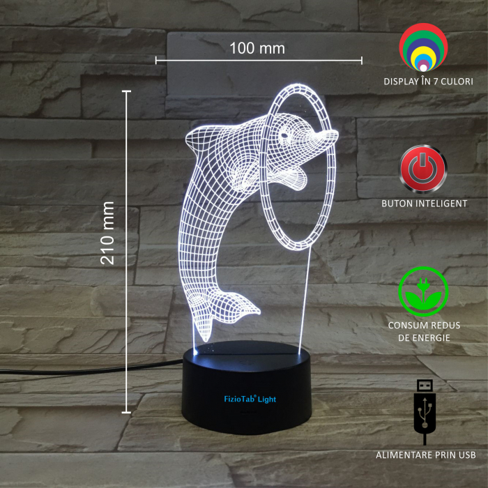 Lampa De Veghe 3D LED FizioTab®, 7 Culori, Lumina Ambientala, Alimentare USB, Delfin [3]