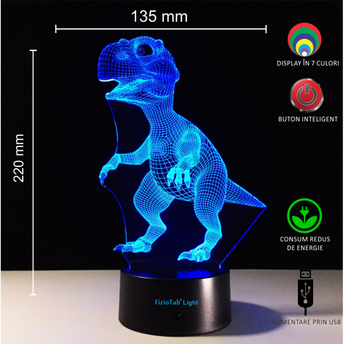 Lampa De Veghe 3D LED FizioTab® 7 Culori, Lumina Ambientala, Alimentare USB, Dinozaur [3]