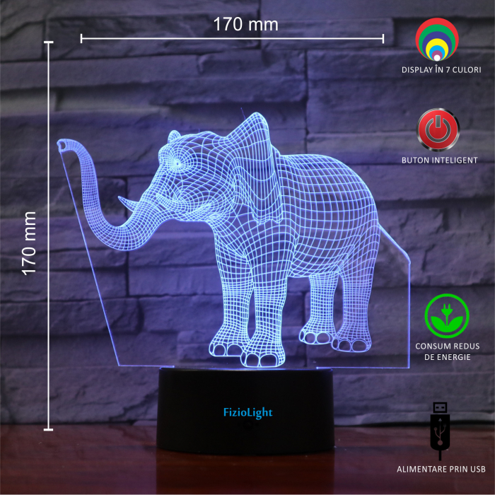 Lampa De Veghe 3D LED FizioTab® 7 Culori, Lumina Ambientala, Alimentare USB, Elefant [3]
