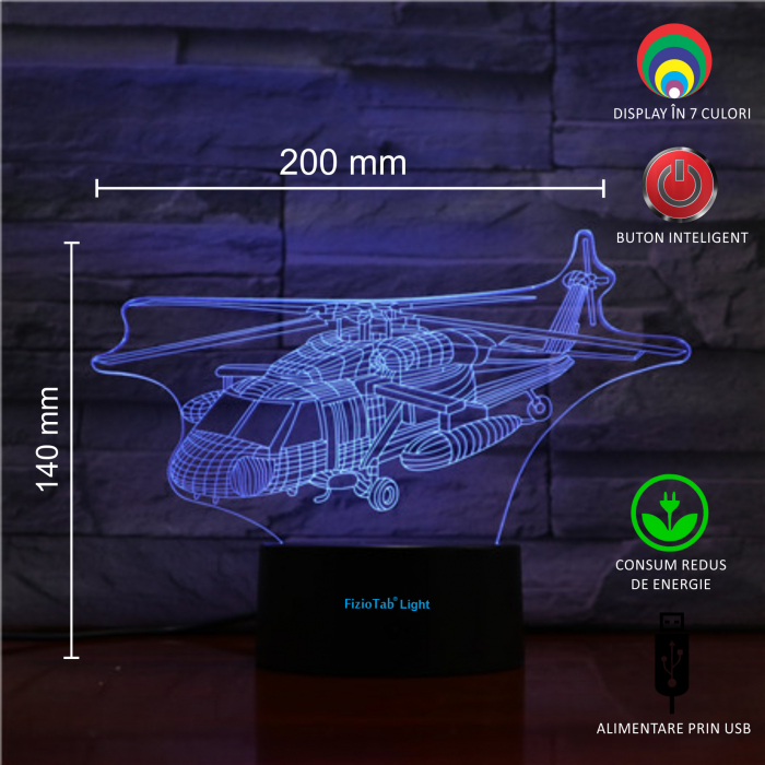 Lampa De Veghe 3D LED FizioTab® 7 Culori, Lumina Ambientala, Alimentare USB, Elicopter [3]