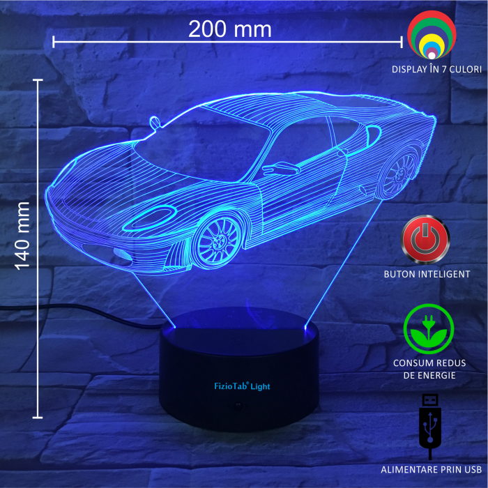 Lampa De Veghe 3D LED FizioTab® 7 Culori, Lumina Ambientala, Alimentare USB, Masina [3]