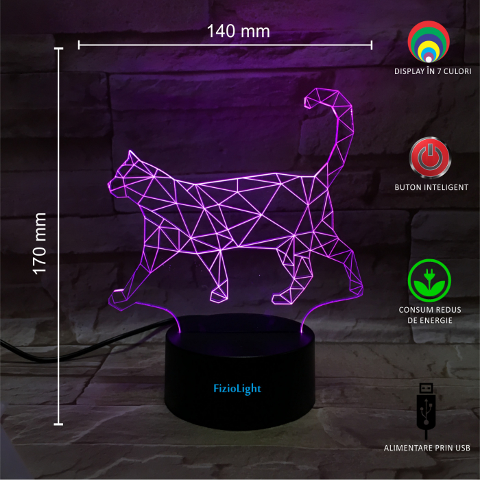 Lampa De Veghe 3D LED FizioTab®, 7 Culori, Lumina Ambientala, Alimentare USB, Pisica 2 [2]