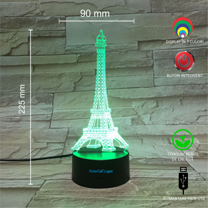 Lampa De Veghe 3D LED FizioTab® 7 Culori, Lumina Ambientala, Alimentare USB, Turnul Eiffel [4]