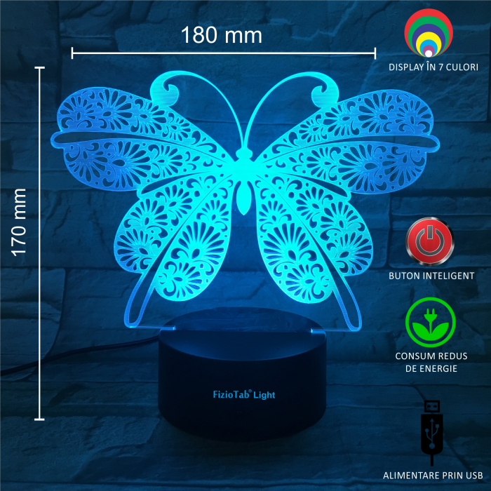Lampa De Veghe 3D LED FizioTab® 7 Culori, Lumina Ambientala, Alimentare USB, Fluture [3]