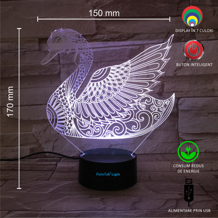Lampa De Veghe 3D LED FizioTab® 7 Culori, Lumina Ambientala, Alimentare USB, Lebada [3]