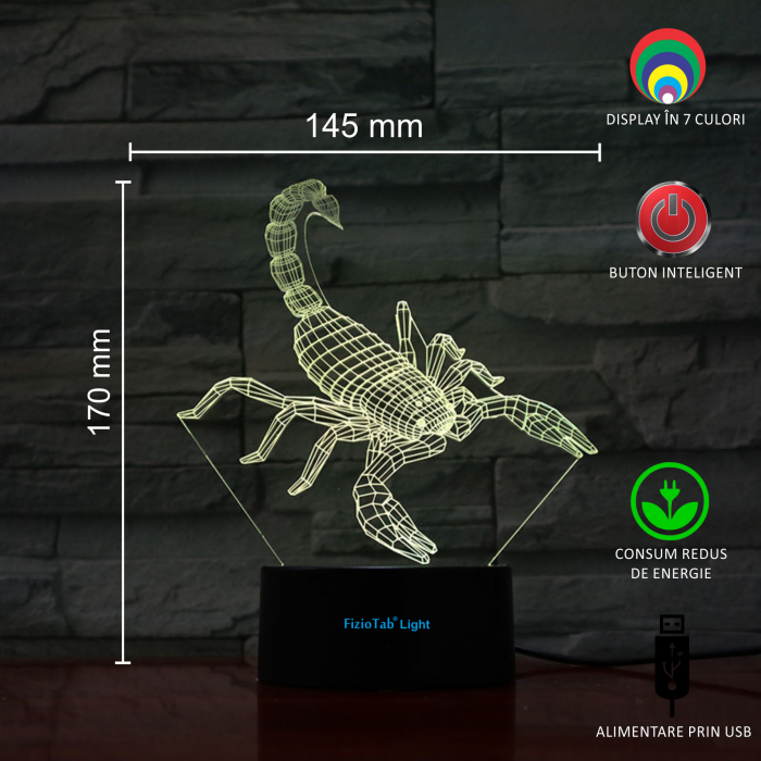 Lampa De Veghe 3D LED Scorpion, FizioTab Light, 7 Culori, Lumina Ambientala, Alimentare USB [3]
