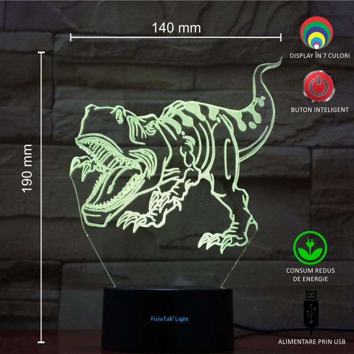 Lampa De Veghe 3D LED FizioTab® 7 Culori, Lumina Ambientala, Alimentare USB, T-Rex [3]