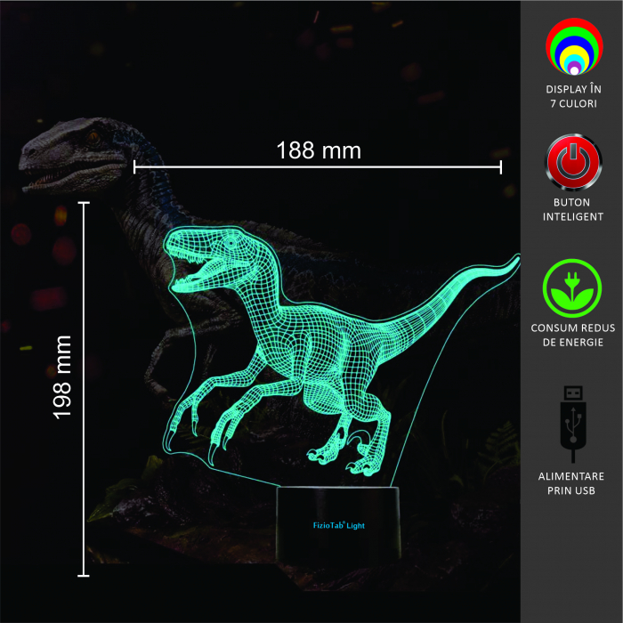 Lampa De Veghe 3D LED  FizioTab® 7 Culori, Lumina Ambientala, Alimentare USB, Velociraptor [5]
