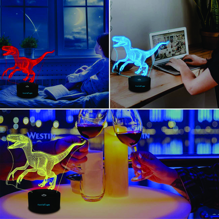 Lampa De Veghe 3D LED  FizioTab® 7 Culori, Lumina Ambientala, Alimentare USB, Velociraptor [3]