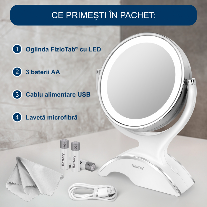 Oglinda Cosmetica FizioTab®, Iluminata Led, Dimabila, 2 Fete, Marire 10X, Baterii si Cablu USB Incluse, Alb [2]