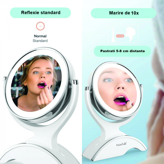Oglinda Cosmetica FizioTab®, Iluminata Led, Dimabila, 2 Fete, Marire 10X, Baterii si Cablu USB Incluse, Alb [5]