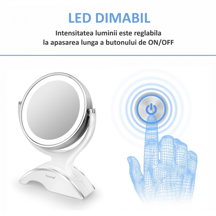 Oglinda Cosmetica FizioTab®, Iluminata Led, Dimabila, 2 Fete, Marire 10X, Baterii si Cablu USB Incluse, Alb [7]