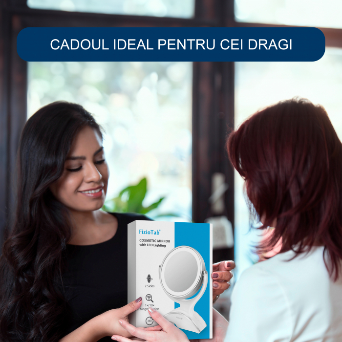 Oglinda Cosmetica FizioTab®, Iluminata Led, Dimabila, 2 Fete, Marire 10X, Baterii si Cablu USB Incluse, Alb [3]