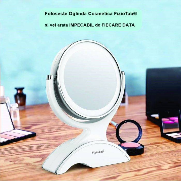 Oglinda Cosmetica FizioTab®, Iluminata Led, Dimabila, 2 Fete, Marire 10X, Baterii si Cablu USB Incluse, Alb [12]
