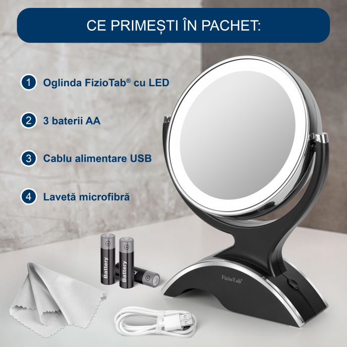 Oglinda Cosmetica FizioTab®, Iluminata Led, Dimabila, 2 Fete, Marire 10X, Baterii si Cablu USB Incluse, Negru [3]