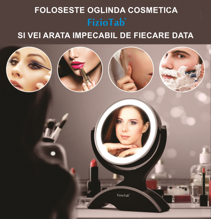 Oglinda Cosmetica FizioTab®, Iluminata Led, Dimabila, 2 Fete, Marire 10X, Baterii si Cablu USB Incluse, Negru [6]