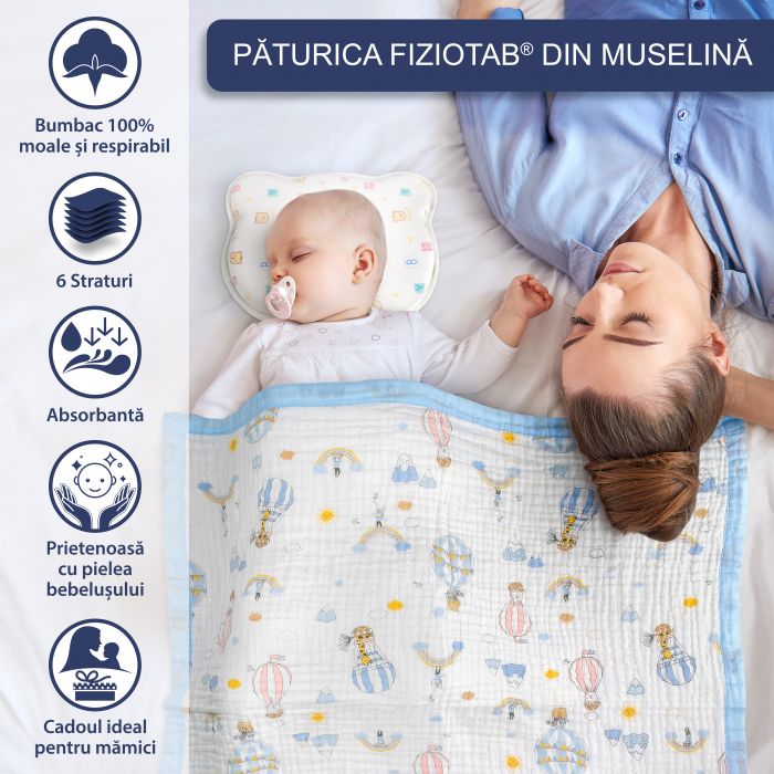 Paturica FizioTab® pentru Bebe, din Muselina 6 Straturi,110 x 110 cm, din Bumbac, Model Balon [2]